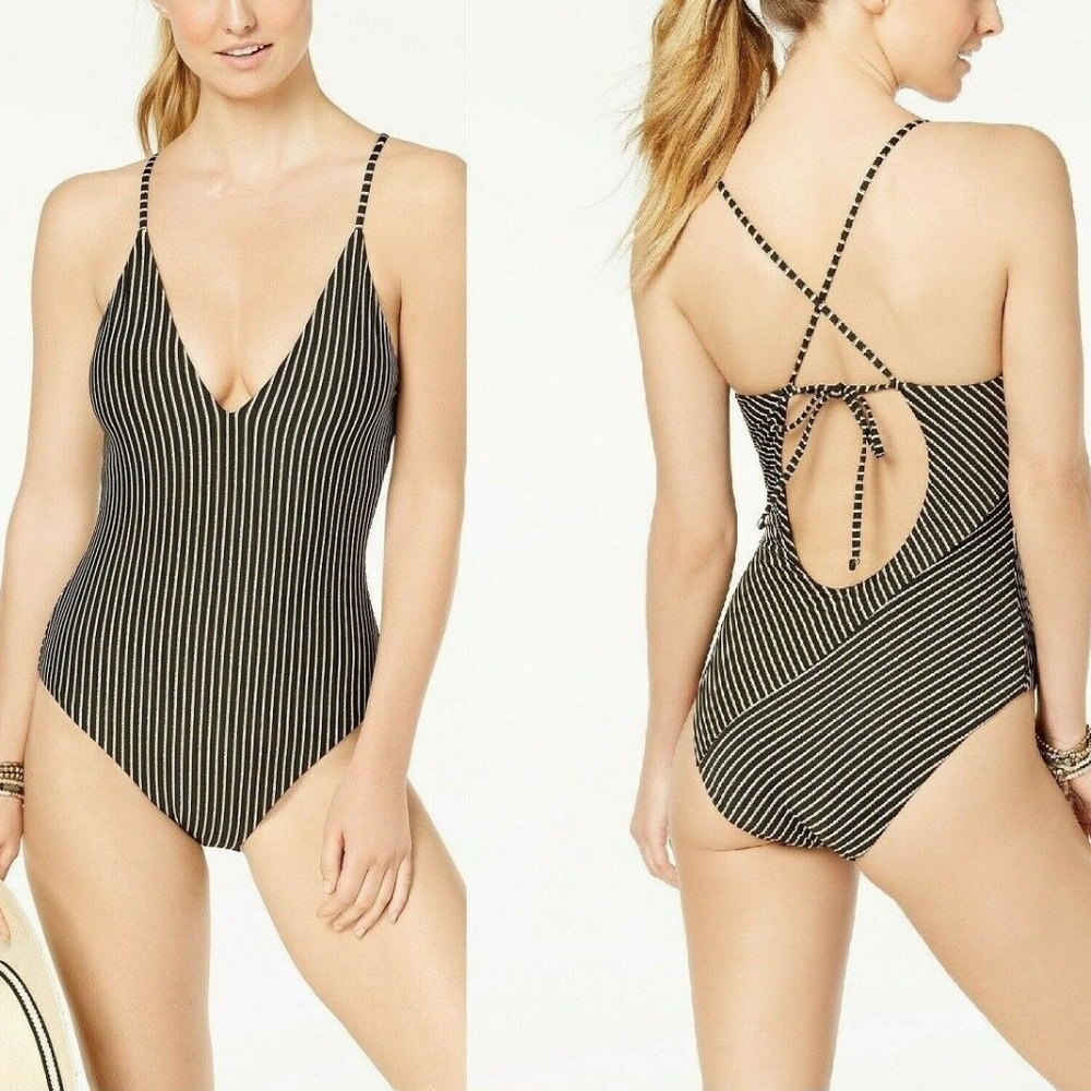 (NWT) Bar III Women's Black Metallic-Stripe Cross-Back One-Piece Swimsuit M